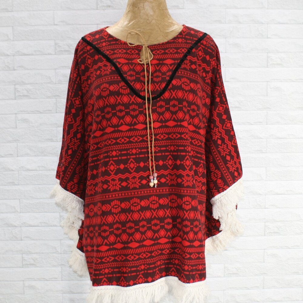 EARTHBOUND Poncho Knit Cape Fringe Stripe Suede Oversized Topper Red One Size